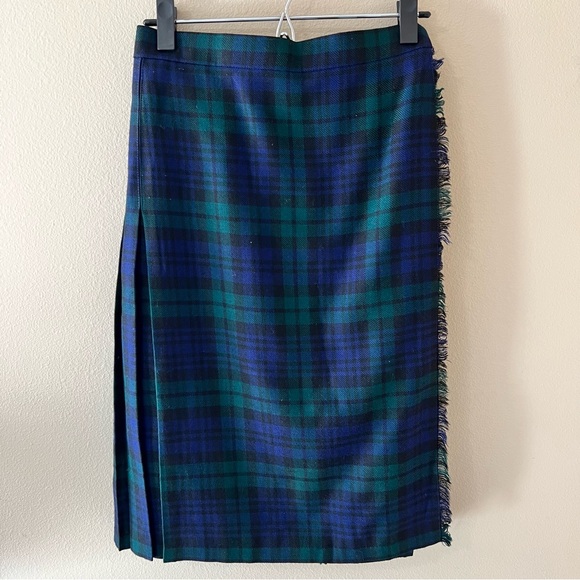 Highland Home Industries Wool Wrap Skirt Womens 12 Green Navy Plaid Scotland - Picture 1 of 10